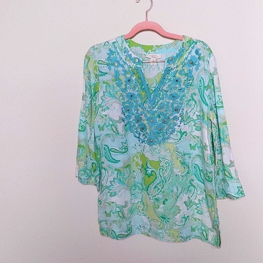 Charter Club Green Linen Quarter Sleeve Split Neck Paisley Blouse Size Small